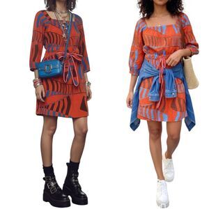Marc By Marc Jacobs Burnt Orange Geometric Print Shift Dress M W Pockets